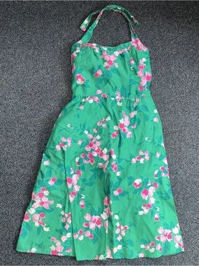VTG Malia Honolulu green Halter Sundress with Pink Blossom Print with pockets